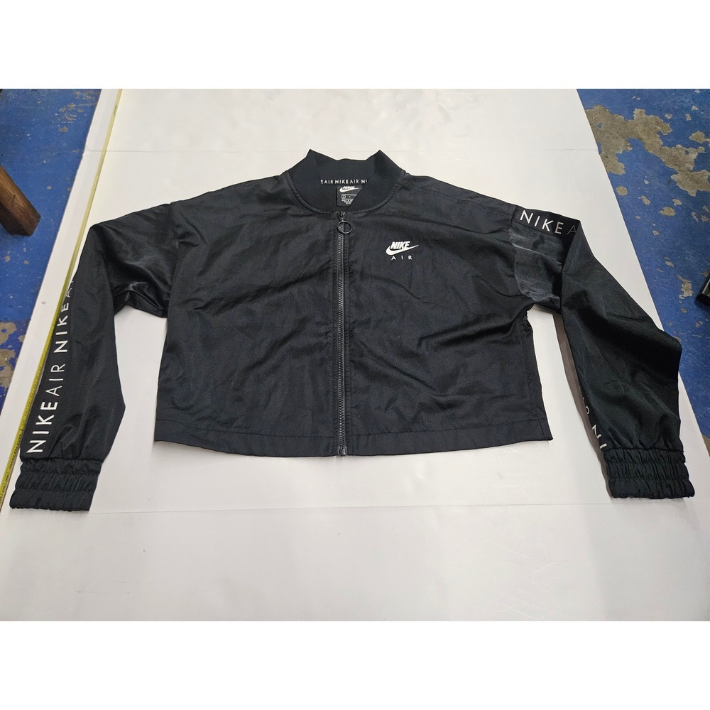 Nike Air Womens Full Zip Cropped Bomber Jacket Black Satin Finish Small